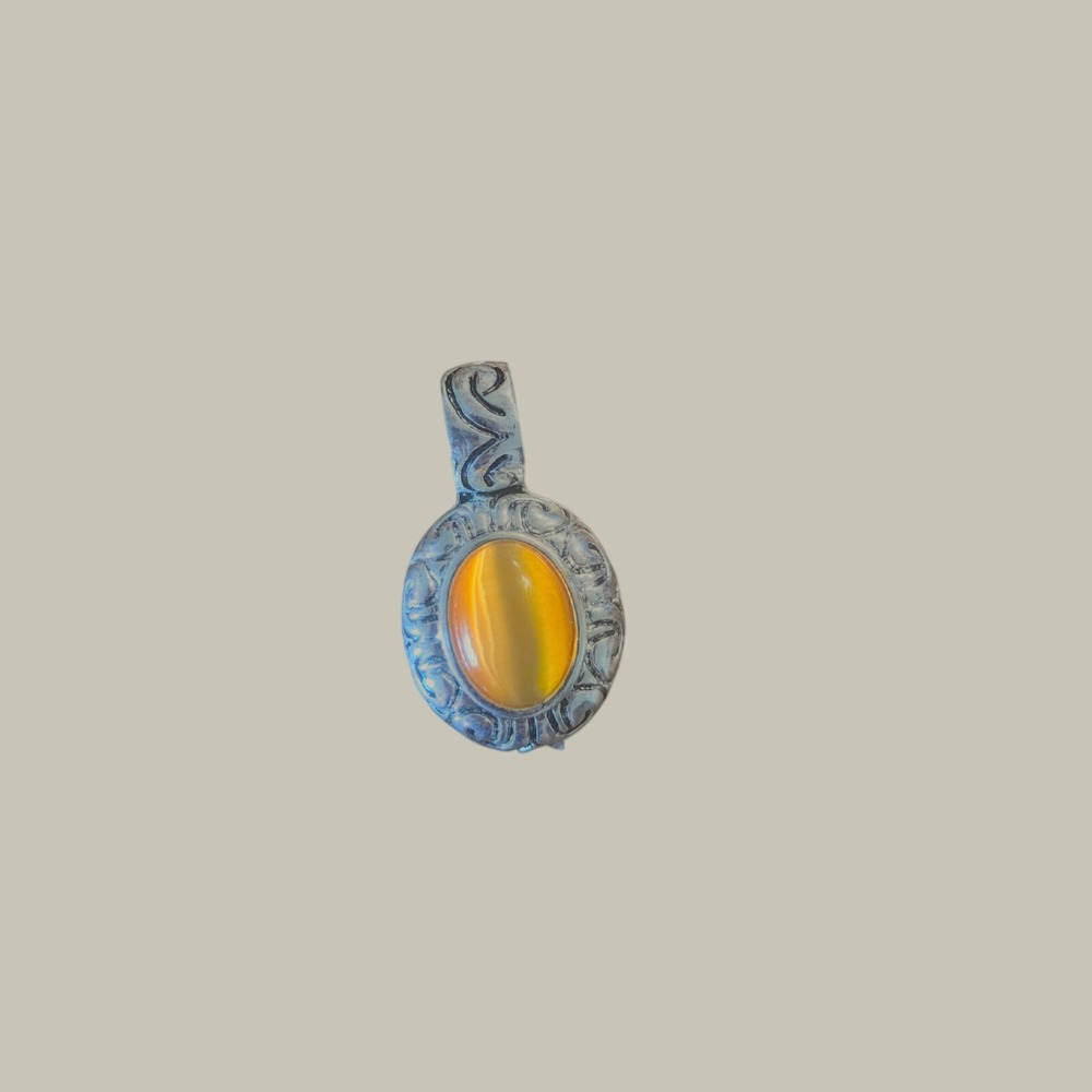 Vintage Silver Tone Orange Cats Eye Cabochon Filigree Scrollwork Pendant